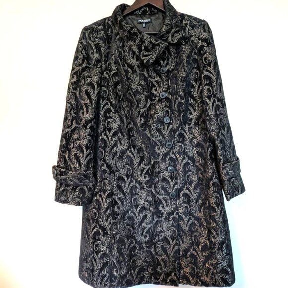 NWOT Linea Domani Black and Gold Jacquard Brocade Dress Coat Size 12 - Picture 4 of 9